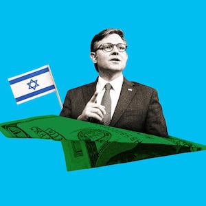 Mike Johnson rides inside a paper airplane made out of money with an Israeli flag attached.