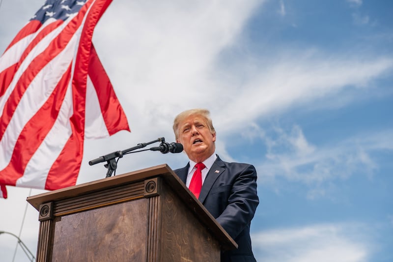 Former President Donald Trump speaks during a tour to an unfinished section of the border wall on June 30, 2021 in Pharr, Texas. 