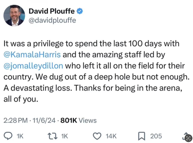 David Plouffe's post on X that led to him deleting his account.