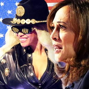 A photo illustration of Beyonce and Kamala Harris