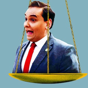 Photo illustration of George Santos on the scales of justice