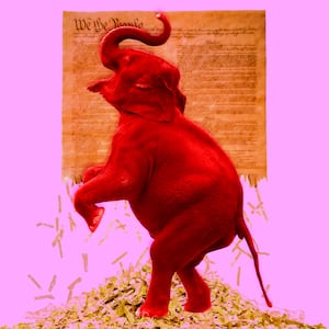 A photo illustration of a red elephant and torn US Constitution.