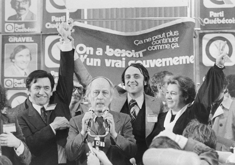 Parti Québécois leader René Lévesque speaks to supporters at the Paul Sauvé Arena after his party won the 1976 provincial election.