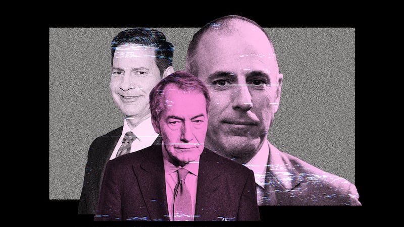 Photo illustration of Mark Halperin, Matt Lauer, and Charlie Rose in pink on a black background with static.