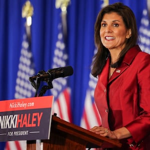 Nikki Haley speaks on stage at her watch party during the South Carolina Republican presidential primary election in Charleston, South Carolina