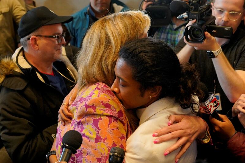 Justin Jones embraces Rep. Gloria Johnson after a vote at the Tennessee House of Representatives to expel him for his role in a gun control demonstration at the statehouse last week.