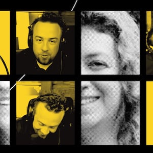 A grid of images that show Elora Patoine and Jean-Francois Gariepy in black, white and yellow.