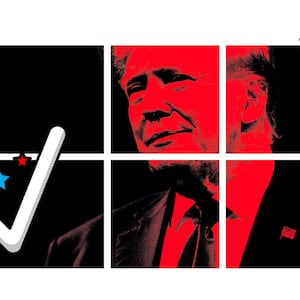 Photo illustration of a red Donald Trump in a black grid.