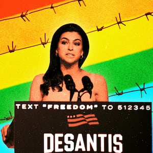 An illustration including photos of the LGBTQIA+ Pride Flag, Barbed Wire, and Casey DeSantis.