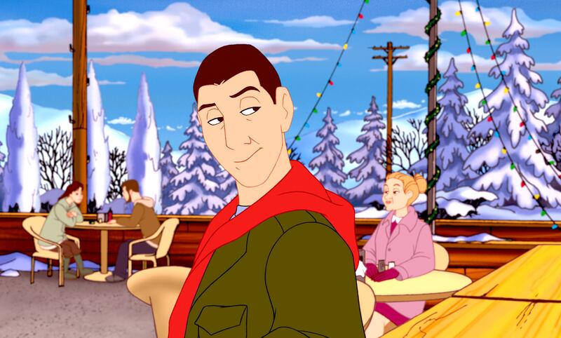 A still from '8 Crazy Nights' shows Adam Sandler as a cartoon sneering 