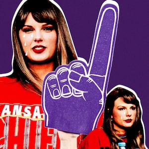 A photo illustration showing a fan cheering with a foam finger and Taylor Swift shedding tears.