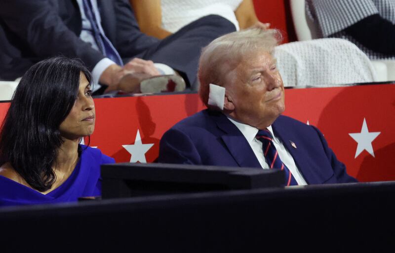 Usha Vance and former President Donald Trump listen as Sen. J.D. Vance (R-OH) speaks on Day 3 of the Republican National Convention in Milwaukee.