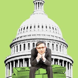 A photo illustration of Mike Johnson sitting on a small pile of money in front of Congress looking despondent 