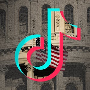 A photo illustration with the TikTok logo overlayed on the U.S. Congress building.