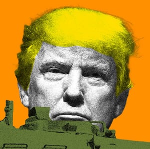 Photo illustration of Donald Trump coming out of a military tank