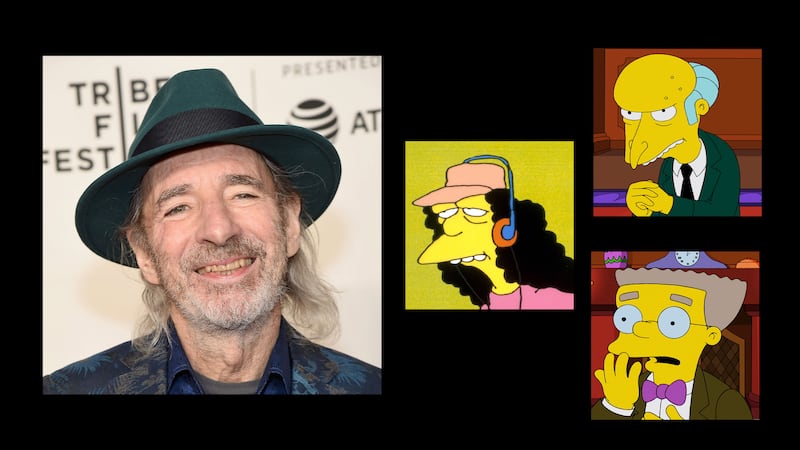 A picture of Harry Shearer wearing a hat is next to three pictures of the characters he voices, including Otto, Mr. Burns, and Smithers.