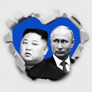 An illustration including photos Kim Jong Un, Putin, and ripped paper.