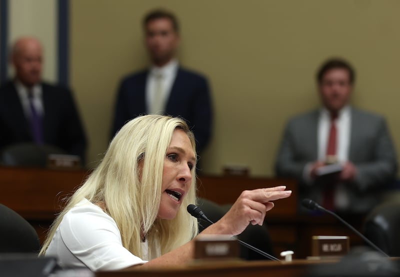 Rep. Marjorie Taylor Greene (R-GA) questions United States Secret Service Director Kimberly Cheatle as she testifies before the House Oversight and Accountability Committee.