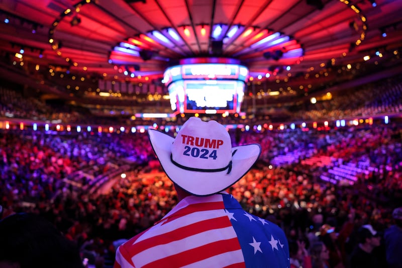 A person wears a Trump-themed cowboy hat, on the day of a rally for Republican presidential nominee and former U.S. President Donald Trump, at Madison Square Garden