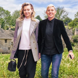 A photo illustration of Ellen DeGeneres and wife Portia de Rossi in Arlington Row, Bibury, Cotswolds.