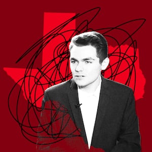 A photo illustration of Nick Fuentes and the map of Texas.