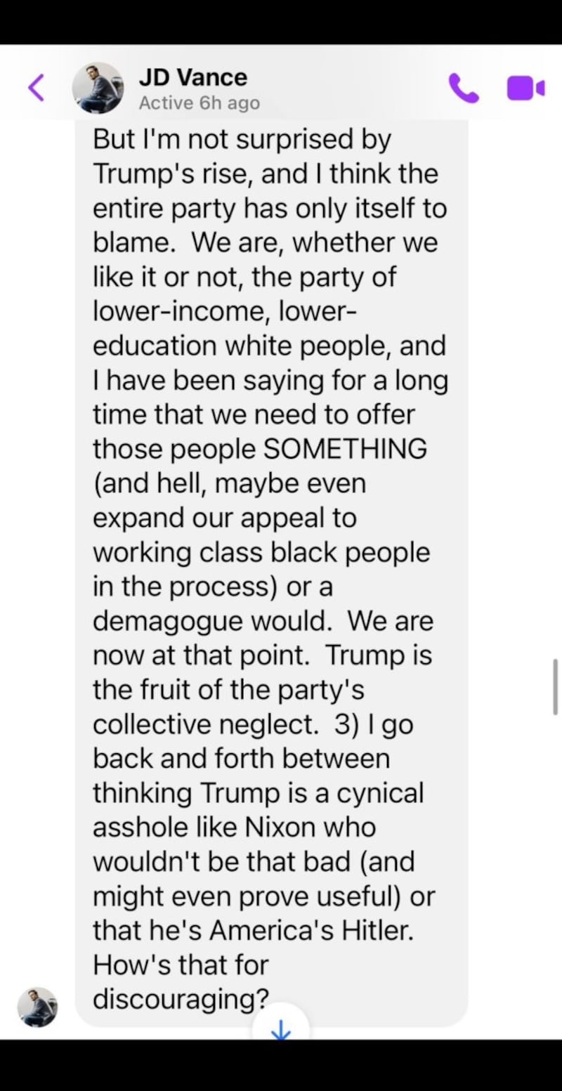 A screenshot shows a message in which JD Vance criticized Donald Trump in 2016.