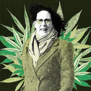 Photo illustration of Representative Val Hoyle of Oregon with weed leaves collaged behind her on a green background.