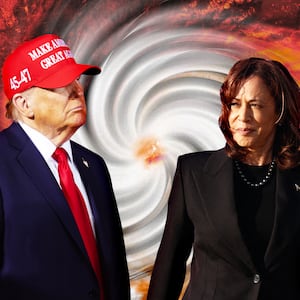 A photo illustration of Donald Trump, Kamala Harris, and a hurricane over America.