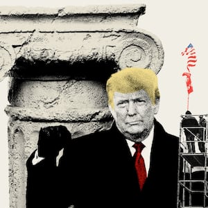 Photo illustration of Donald Trump in front of an ionic column with January 6 protestors collaged on top