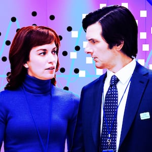 A photo illustration of Britt Lower and Adam Scott in Severance.