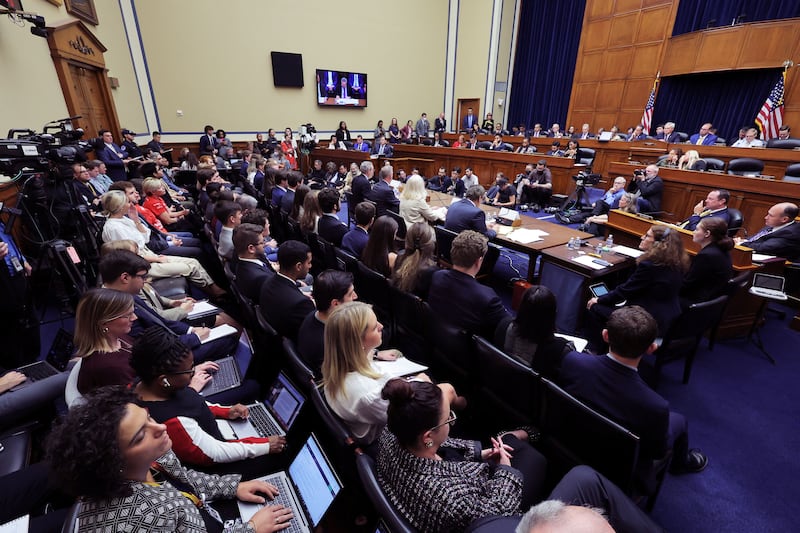 A photograph of the House Oversight and Accountability Committee impeachment inquiry hearing into U.S. President Joe Biden, focused on his son Hunter Biden's foreign business dealings.