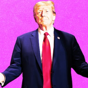 A photo illustration of Donald Trump on a pink background.