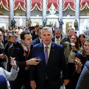 House Speaker Kevin McCarthy (R-CA) speaks with reporters after opening the House floor.