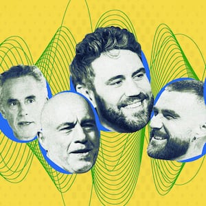 A photo illustration showing Jordan Peterson, Joe Rogan, Nick Viall, and Jason and Travis Kelce.