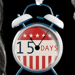 Kamala Harris and Donald Trump with an election countdown clock.