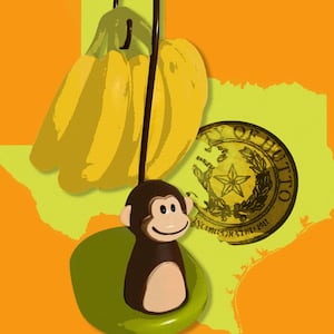 A photo illustration showing the banana stand at the center of the controversy with the town seal of Hutto in front of a map of Texas.