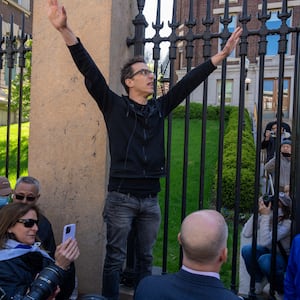 Assistant Professor Shai Davidai is denied access to the campus grounds during his pro-Israeili rally at Columbia University on April 22, 2024 in New York City.