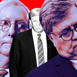 A photo illustration of Mitch McConnell, Donald Trump, and Bill Barr.