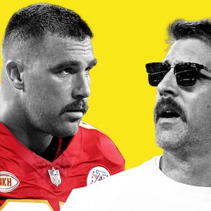 An illustration including a photo of Aaron Rodgers and Travis Kelce