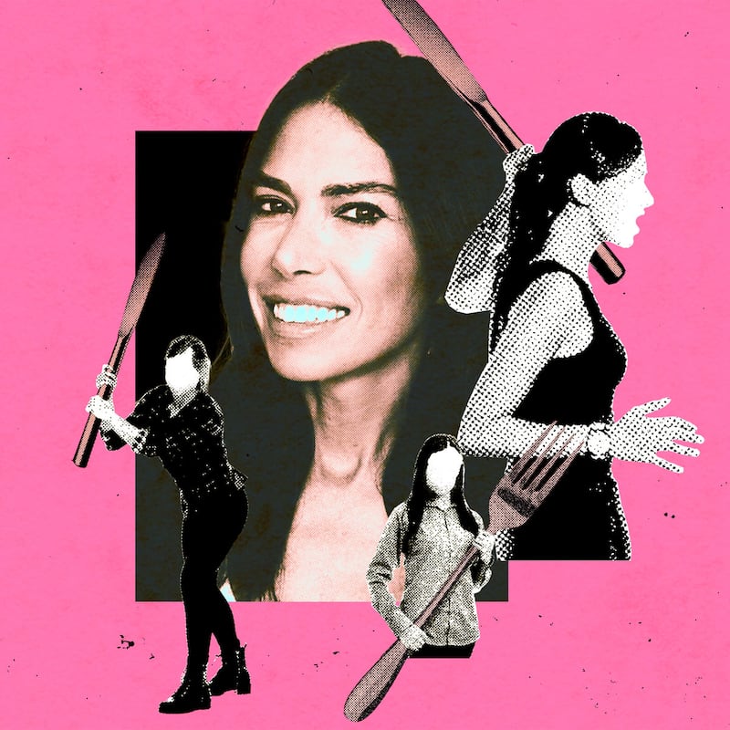 A photo illustration of Tanya Zuckerbrot surrounded by faceless women wielding giants forks and knives.