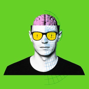 Photo illustration of a man wearing glasses with warning signs in the lenses, his brain exposed, and an overlay of face-mapping