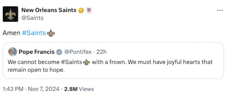 Pope Francis keeps accidentally tagging the New Orleans Saints on X.