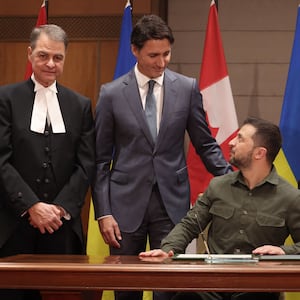 Ukrainian President Volodymyr Zelensky, Canadian Prime Minister Justin Trudeau, Speaker of the House of Commons Anthony Rota