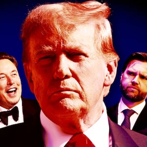 A photo illustration of Elon Musk, Donald Trump, and JD Vance.