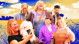 A photo illustration of Bridgett Everett, Jeff Hiller, Murray Hill, Brian King, and Mary Catherine Garrison.