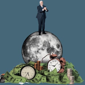 illustration of mike pence standing on a moon with clock and cash at its base china change chang e lunar mission nasa space force