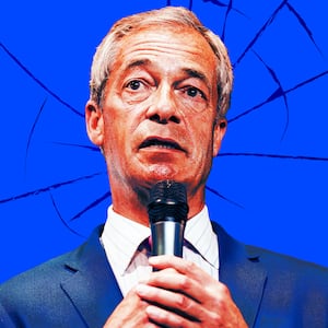 Illustration of Nigel Farage on a broken blue background