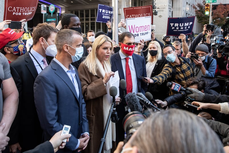 Former Florida Attorney General Pam Bondi speaks to the media about a court order giving President Donald Trump's campaign access to observe vote counting operations on November 5, 2020 in Philadelphia, Pennsylvania. With no winner yet declared in the presidential election, attention is focused on the outcome of a few remaining swing states.