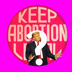 A photo illustration of former President Donald Trump, a question mark, in front of a Keep Abortion Legal sign.