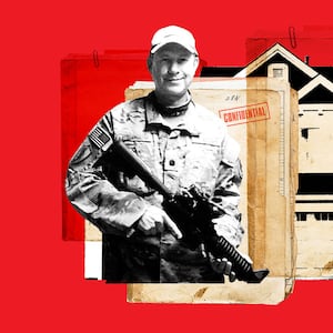 A photo illustration of retired Lt. Col. Robert Birchum, a house, and some folders marked “classified.”